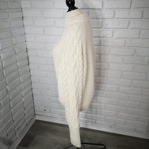 H&M Ladies Size Large Cream Cable Stitch Mock Neck Balloon Sleeve Sweater - Picture 4 of 11